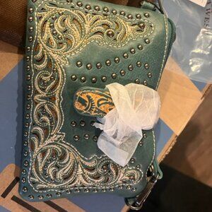 Montana West Embroidered Scroll Cut-out Collection Clutch/Crossbody Blue